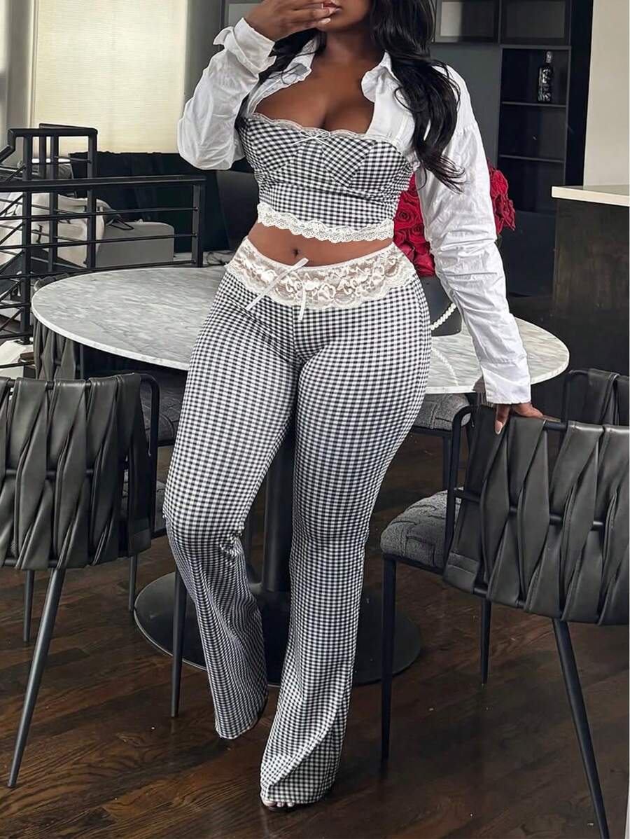 Women's Fashion Plaid High-Elasticity Camisole Top With Lace Trim And Pants 2 Pieces Set - 黑與白 - 查看 1