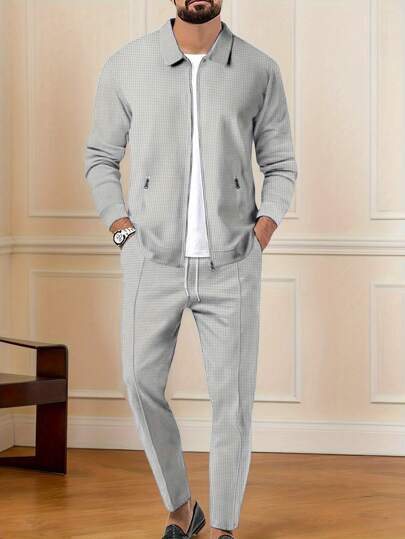 2pcs Men's Jacquard Zipper Casual Sports Solid Color Long Sleeve Suit, Simple And Fashionable