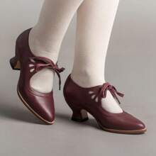 New Hollow High Heel Lace-Up Large Size Women's Pointed Toe Leather Shallow Casual Shoes - Dark Blue - View 3