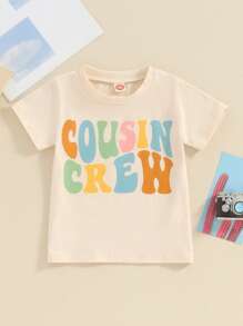 Camisetas de verano para niñas y niños, camisetas informales de cuello redondo y manga corta con estampado de letras, ropa de verano para niños pequeños - Beis - Ver 1