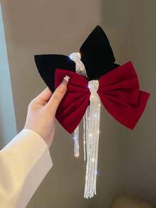1pc Oversized Sparkling Rhinestone Tassel Velvet Bow Hair Clip, Elegant Top Clip Hairpin, Suitable For Half-Up Hairstyle, High Ponytail, Party, Wedding, Valentine's Day, Birthday - Ideal Gift