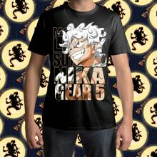 Playera negra de algodón peinado casual para mujer y hombre con estampado de Luffy gear 5 - Negro - Ver 4