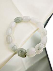 1pc Natural Jade Beaded Bracelet, White And Green Intertwined Like Watercolor Painting, Smooth Texture, Adds Oriental Elegant Charm - White - View 2