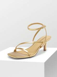 Women Minimalist Low Kitten Heeled Sandals Open Square Toe Ankle Strap Sexy Dress Shoes For Autumn Wedding Party Prom Wearing - Vàng - Xem 2
