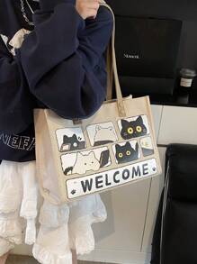 Cartoon Print Large Capacity Canvas Tote Bag,Women's Handbag,Shoulder Bag,Casual Commuting And School Bag,Spring/Summer 2025 New Arrivals