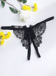 AB. Fashionable Sexy Lingerie With Embroidered Butterfly, Transparent T-Pants, Open Crotch Panties, Low Waist Bowknot, Alluring Thong For Going Out - Black - View 2