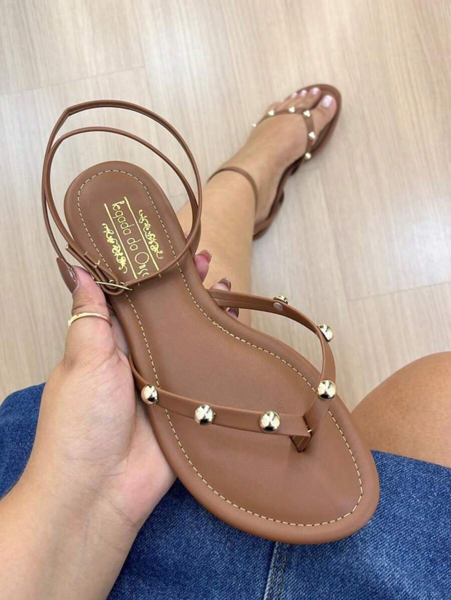 Comfortable Women's Flat Sandal With Metallic Details Braided Side Buckle - 駝色 - 查看 1
