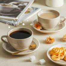 6 Ounce Cappuccino Cups With Saucers, Porcelain Double Espresso Cups Set Of 4 - Gray