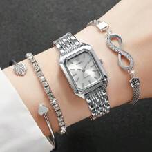 4pcs/Set Woman Casual Business Minimalist Style Quartz Watch & Bracelet Combination, Square Dial Watch Set - Silver - View 1