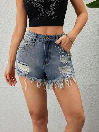 Summer Vacation Fashion Studded Ripped Denim Shorts