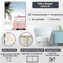 1pc Framed Canvas Poster, Pink Car With Surfboard And Palm Ocean Painting Wall Art Canvas Paintings, Ideal Gift For Bedroom Living Room Corridor Wall Art Room Decoration