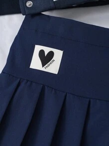 青少年女孩时尚棒球夹克和百褶裙两件套，校园风格 - 藏蓝色 - 查看 8