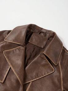 Risissida Damen Frühlings- & Herbst-PU-Jacke, modischer leichter Windbreaker mit verstellbarem Taillengürtel - vielseitiger Pendlermantel - Kaffeebraun - Übersicht 3