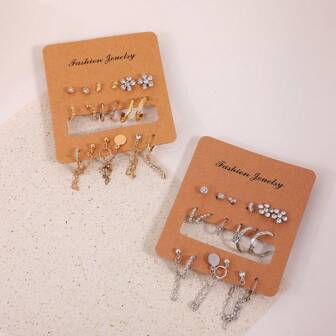 8 Pairs Alloy Micro-Inlaid Zirconia Flower, Heart, Pentagram Clip-On Earrings, Gold/Silver Plated Stud Earrings Set For Women