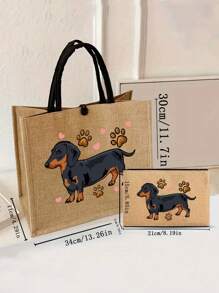 黄色亚麻带扣手提包，印有黑狗图案，包括一个大包和一个小钱包、手提包和零钱包、手提包和钱包、简约耶稣字母印花亚麻手提包、卡包、适合教师的多功能便携式手提包