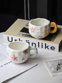 1pc Handmade Ceramic Mug, Asymmetrical Hand-Painted Cute Pattern, Flower Decor Mug, Everyday Drinkware For Office & Home, Suitable For Afternoon Tea, Coffee, Breakfast Oatmeal & Milk, Great Gift For Holidays & Birthdays Back To School