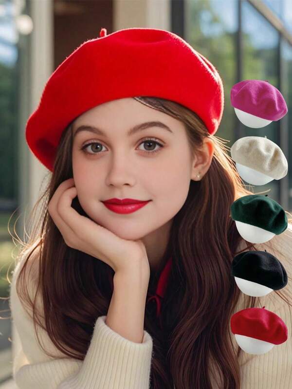 1pc/2pcs Set Of Breathable Knitted Beret Hat & Rhinestone Hair Clip For Women, Matching Women Sunglasses, Pearl Earrings, Retro Solid Color Artist Cap, Suitable For Daily Wear, Casual Beach, Shopping, Perfect Gift For Girlfriend