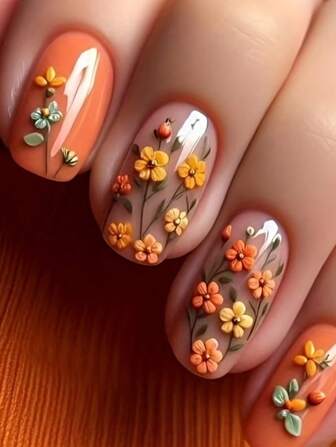 24 件女士美甲套装，光面假指甲，黄色和橙色叶子浮雕花卉图案，方形，中等长度，包括果冻胶和指甲锉