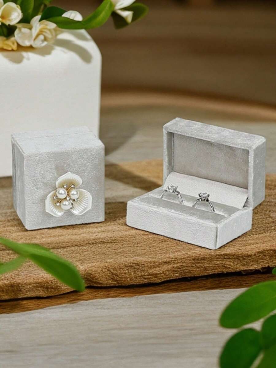 1pc Gray Magnolia Pearl Velvet Jewelry Storage Box For Ring, Necklace - Multicolor - View 1