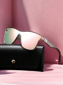 POLASUP 1pc Women's Streamlined Sunglasses With Metal Decoration, Personalized Gradient Reflective Five-Pointed Star Frame, Outdoor Cycling Sunglasses, Fashion Eyewear (With Anti-Lost Strap, Glasses Case, Cleaning Cloth) Fashionable Shade Elegant Outfit Family Outings Travel Vacation Holiday For Summer Beach Vacation, Outdoor, Travel - 香檳色 - 查看 2