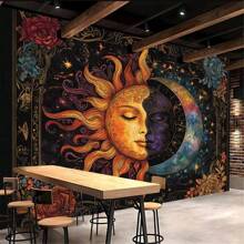1pc Bohemian Sun And Moon Face Print Tapestry, Modern Polyester Square Wall Hanging Decor For Room, Living Room, Bedroom - Multicolor - View 8