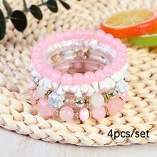 4pcs/Set Boho Style Multi-Layer Beaded Bracelet Pink Elastic Rope Jewelry, Daily Wear - Style 1 - View 8