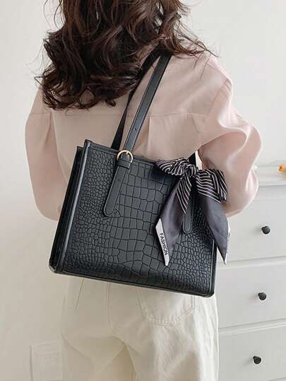 1 件时尚女士手提包，单肩包，大容量，方形，PU 皮革，耐刮擦和耐磨，适合购物、约会、外出、工作，复古鳄鱼图案，优雅的丝巾装饰，别致的黑色