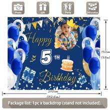 1 pezzo Sfondo fotografico personalizzabile per compleanno con palloncino blu zaffiro, corona dorata e design fluttuante, decorazione per torta e festa di compleanno, banner in vinile - Multicolore - Visualizzare 5