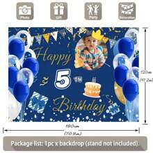 1 pezzo Sfondo fotografico personalizzabile per compleanno con palloncino blu zaffiro, corona dorata e design fluttuante, decorazione per torta e festa di compleanno, banner in vinile - Multicolore - Visualizzare 4
