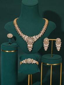 4pcs Luxury Water Drop Tassel Design Jewelry Set - Necklace, Earrings, Ring, Bracelet, Gold-Plated Copper With Cubic Zirconia, Suitable For Women's Wedding And Gala Attire - Gold - View 1