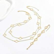 2pcs Hollow Four-Leaf Clover Pendant Long Necklace, Minimalist Versatile Sweater Chain & Bracelet Suitable For Women Everyday Wear