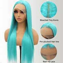 26 Inch 13*4 HD Transparent Lace Frontal Wigs Long Straight Blue Wigs Synthetic Heat Resistant Fiber Hair Wig Premium Lake Blue Silk Straight 13x4 Hairpiece Wigs For Women With Glueless Lace Natural Straight Wigs 180% Density Colored Wigs - 藍色 - 查看 1