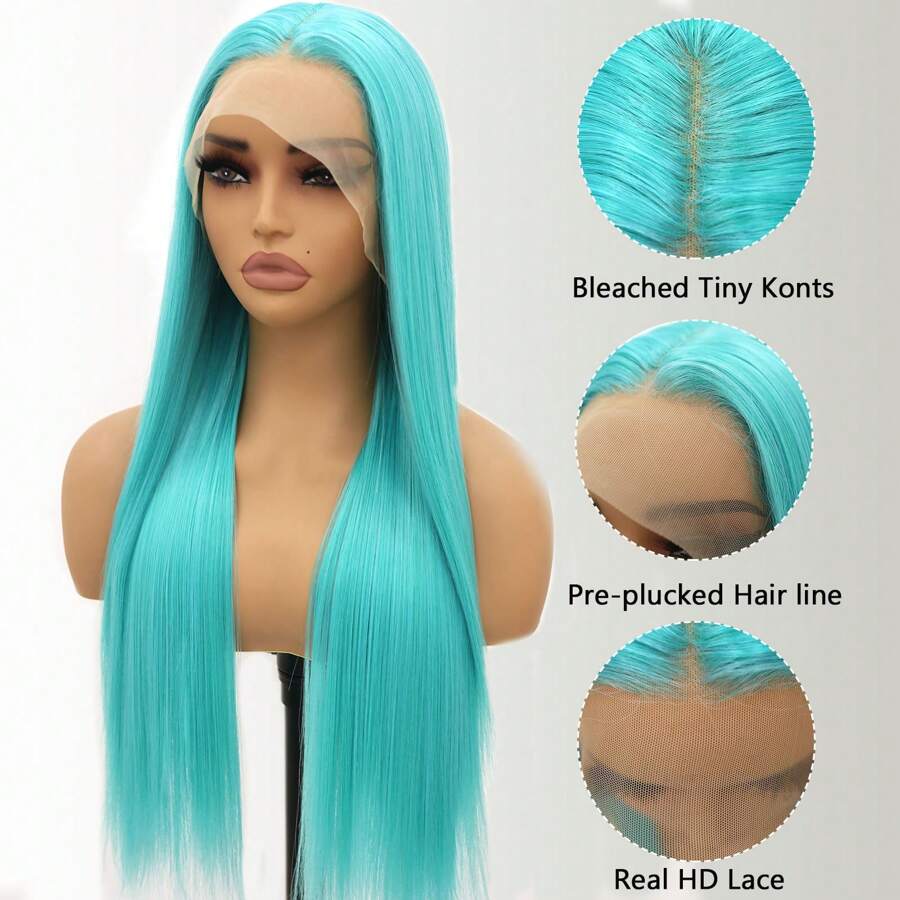 26 Inch 13*4 HD Transparent Lace Frontal Wigs Long Straight Blue Wigs Synthetic Heat Resistant Fiber Hair Wig Premium Lake Blue Silk Straight 13x4 Hairpiece Wigs For Women With Glueless Lace Natural Straight Wigs 180% Density Colored Wigs - 藍色 - 查看 1