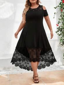 Plus Size Lace Patchwork Off Shoulder Sleeve Dress - Black - View 3