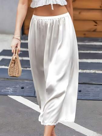 QING ROU 1pc/2pcs Women Satin Contrast Lace Lining Skirt, New Anti-Sheer Anti-Flashing Ruffle Hem A-Line Slip Skirt, Matching Outfit