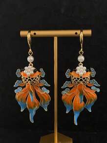 2 pièces Boucles d'oreilles créoles surdimensionnées en alliage émaillé avec motif de carpe élégant, bijoux vintage peints à la main avec perles pour femmes