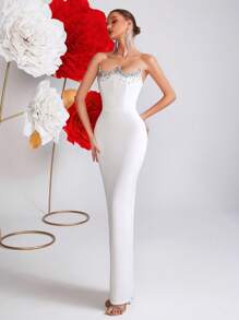 Elisanya Vestido de baile com strass, cintura alta, costas nuas, amarração e fenda, para baile de formatura, festa, noite, vestido de festa, vestido para convidada de casamento, vestido formal, vestido de noite - Branco - Ver 8