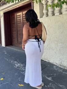 FOR BEAUTY Women's Plus Size Spring And Summer New White Backless Hanging Collar Sleeveless Knitted Sweater Dress, Women's Music Festival Holiday Fashion,Bohemia Elegant White Long Dress - White - View 6