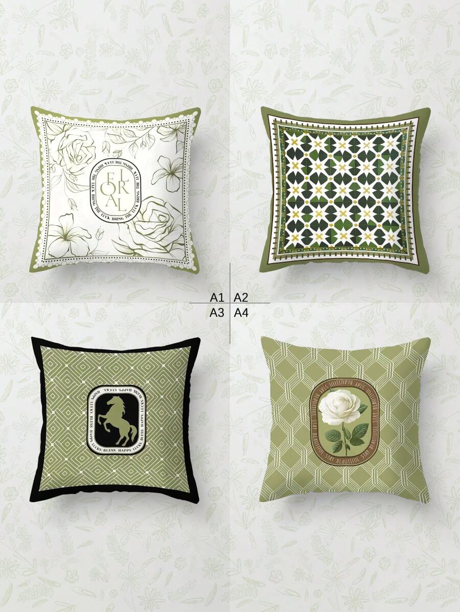 4 件装复古绿色花卉和格子图案枕套，材质柔软舒适，畅销，家居装饰靠垫套，适用于沙发、客厅、卧室，不含枕芯