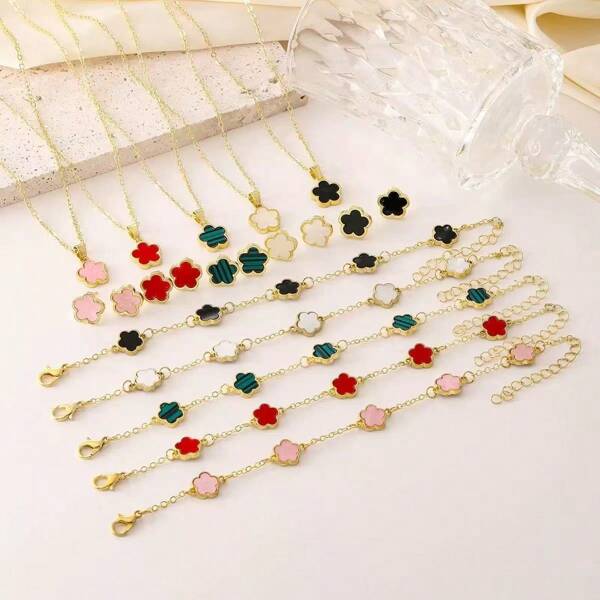 3pcs/Set Women's Lucky Flower Jewelry Set, Five-Leaf Clover Necklace, Earrings And Bracelet