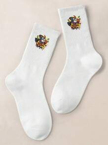 1 Pair Of Women And Men's Male/Female/Couple Mid Length Socks, Personalized, Fun, Colorful, Creative Cartoon Design, Holiday Gift, Comfortable And Breathable, Enhancing Family Atmosphere, Fashionable And Novel, Anime, Crazy, Multi-Color, Fun Printed Mid Length Socks