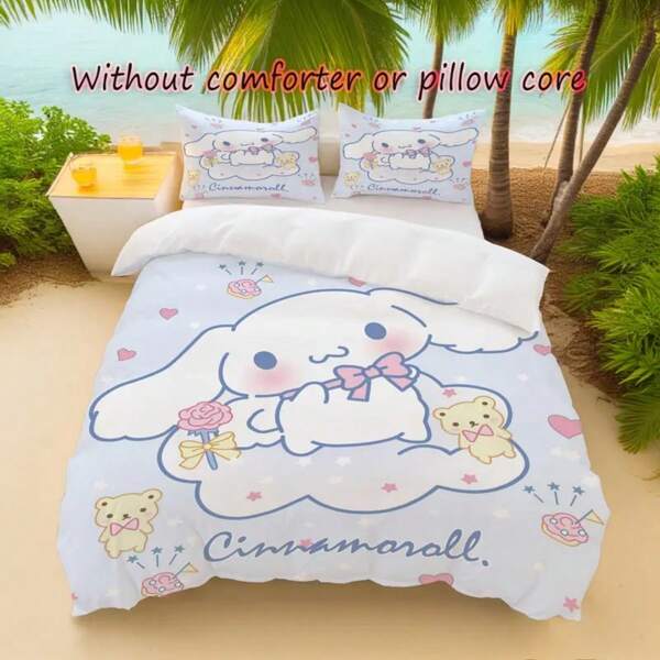 Sanrio Sanrio Kurumi 3-Piece Bedding Set - Soft & Durable, Includes Duvet Cover And 2 Pillow Shams - Cute Cartoon Pattern, Creating A Comfortable Bedroom