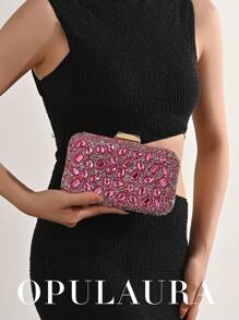 OpulAura Women's Shiny Rhinestone Pink Clutch Bag, Cute & Sweet Fashion Handbag, Suitable For Party/Wedding, Shoulder/Crossbody Chain Bag, Perfect For Ball Accessories - Hot Pink - View 8