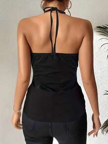 夏季新款欧美弧形黑色休闲度假时尚镂空挂脖T恤