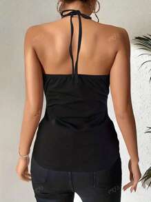 Summer New European & American Curved Black Casual Vacation Fashionable Hollow-Out Halter Neck T-Shirt