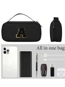 Multi Functional Travel Storage Bag, Black Towel Embroidered Letters A-Z, Carrying Pouch Bag For Travel Essentials, Can Store Power, Digital Accessories, Phone Earphones, Charging Makeup Bag, Mouse Data Cable, Easy To Carry When Going Out, Gifts For Loved Ones, Elders, Anniversary Gifts, Graduation Gifts, Travel Accessories(Zipper Random) - Black - View 5