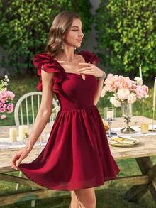 UNITHORSE Asymmetrical Collar Lace Sleeve Pleated Flared Short Dress, Simple Wedding Party Formal Gown,Bridesmaid Dress