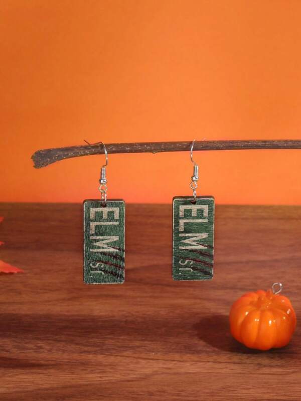 1 Pair Asymmetrical Wooden Graphic Print Earrings, Horror Style Accessories For Halloween