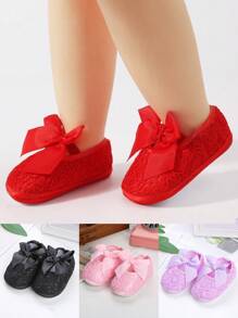 1 paire de chaussures bébé design nœud papillon mignon, chaussons plats souples antidérapants pour intérieur et extérieur pour bébé