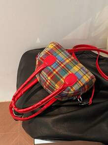 1pc Handtas (Groot/Klein) Amerikaanse Retro Niche Messenger Bag Plaid Contrast Kleur Hand-Held Bowling Bag Schoudertas, Koreaanse Stijl Veelzijdig, Schouderband Casual en Comfortabel, Glad en Lang Veelzijdig, Geschikt voor Dagelijkse Boodschappen en Reizen van Meisjes